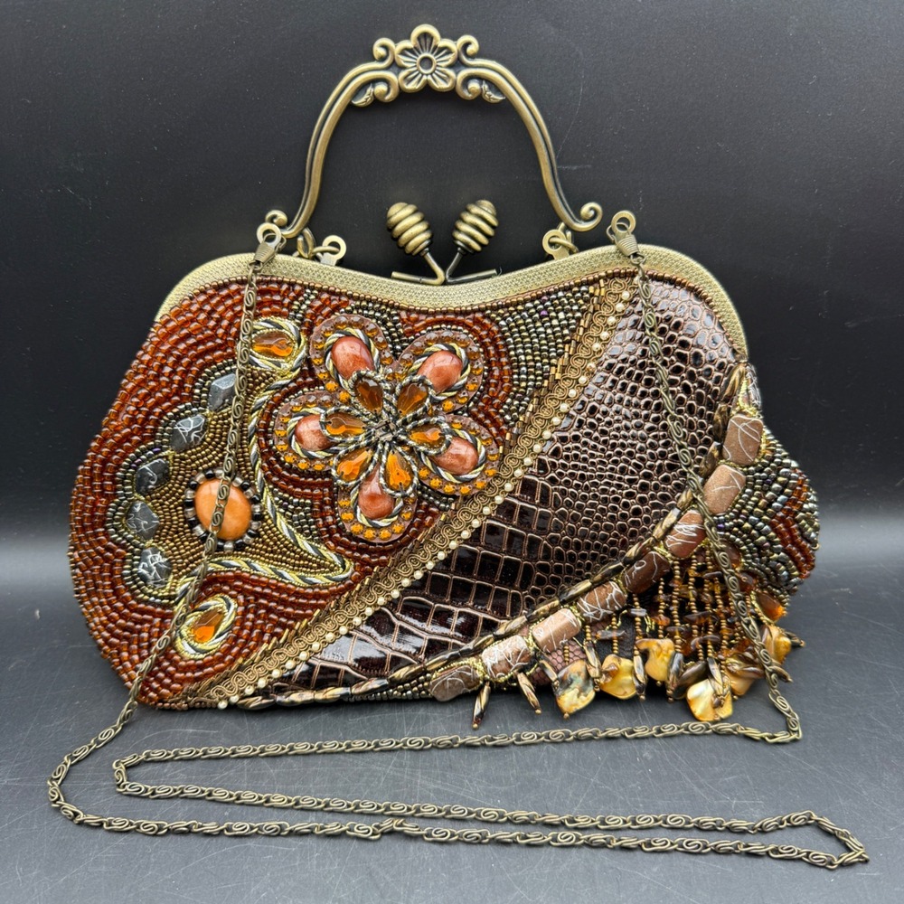 Vtg Chico's Bling Beaded Faux Croc Frame Handbag Women Brown Boho Whimsigoth